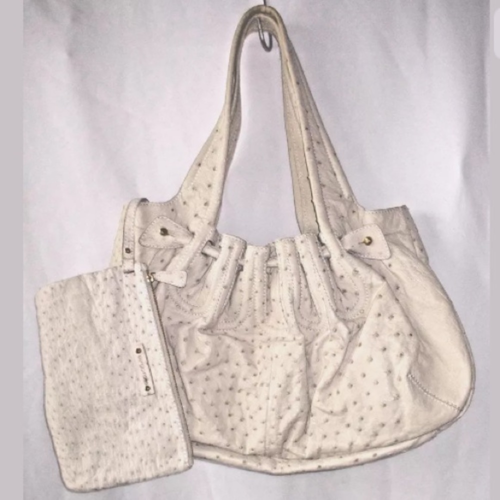 SERGIO ROSSI Sand Ostrich Leather Shoulder Bag